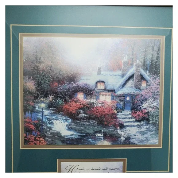 Thomas‎ Kinkade Accent Prints Framed Art Serene Cottage Psalm 23 Gold Frame - Picture 10 of 16